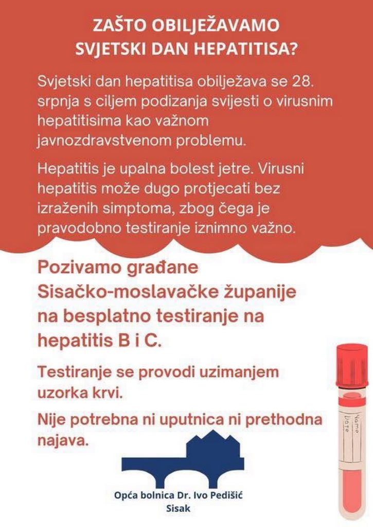 Povodom Svjetskog dana hepatitisa – besplatno testiranje na hepatitis B i C u Općoj bolnici „Dr. Ivo Pedišić“ Sisak