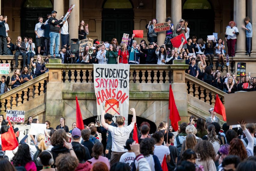 High school, university students walk out of class to protest Hanson’s bigotry 