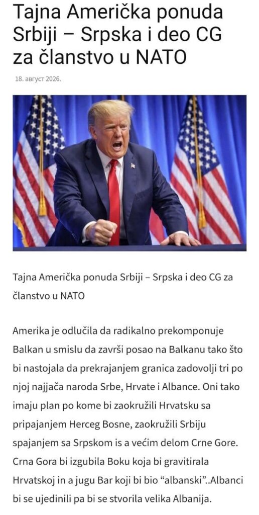 Portal Vidovdan objavio propagandne tvrdnje o „tajnoj američkoj ponudi“ i podjeli Crne Gore i Balkana