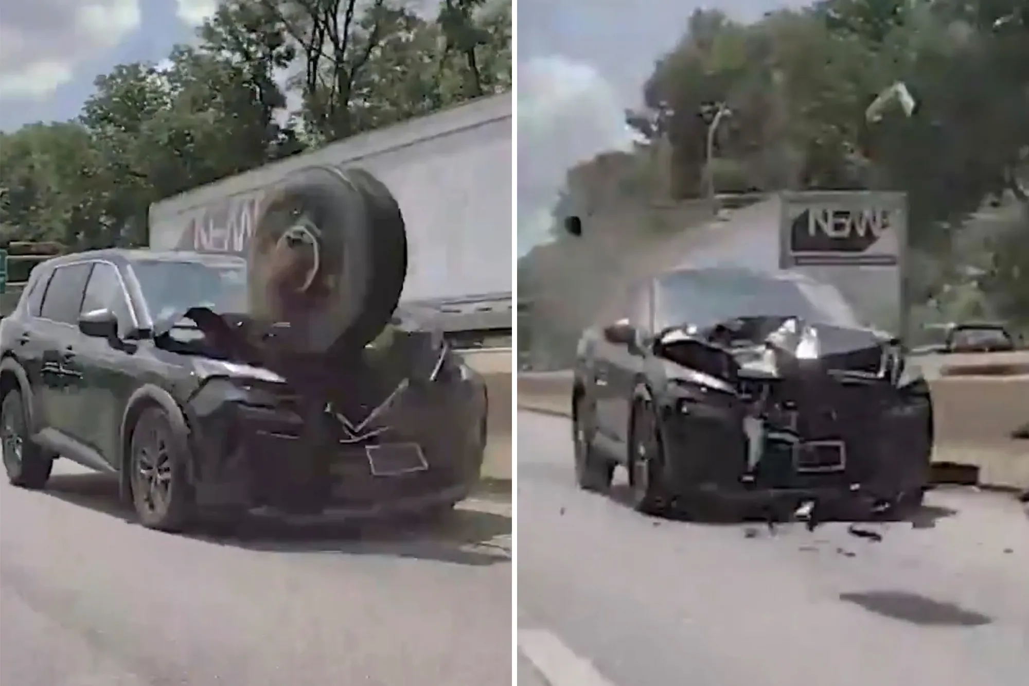 Loose tire flies across Philadelphia highway, pulverizes front end of SUV: wild dashcam