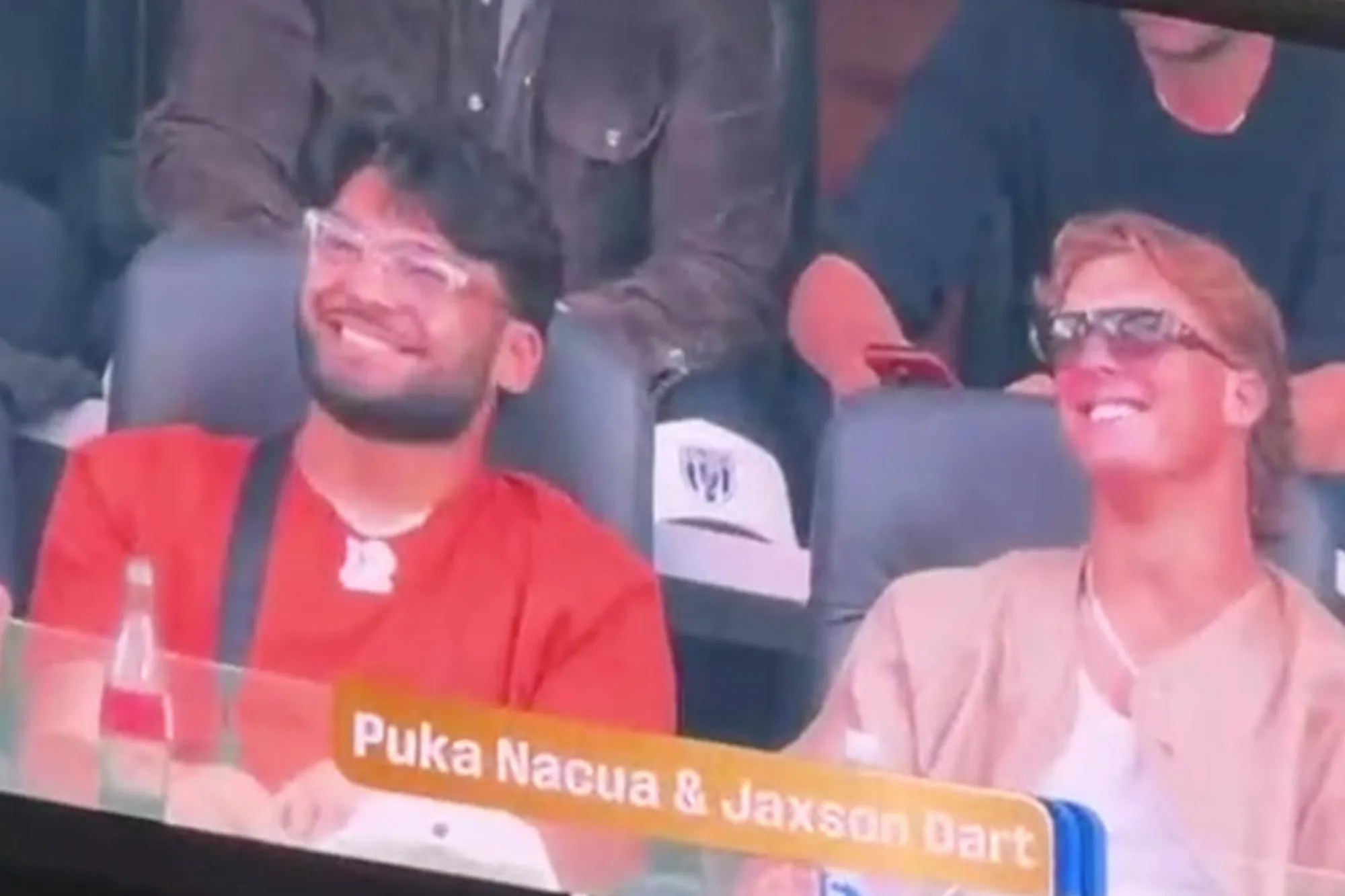 LA Rams star Puka Nacua sips Coca-Cola with Jaxson Dart at Team USA World Cup match after rehab stint