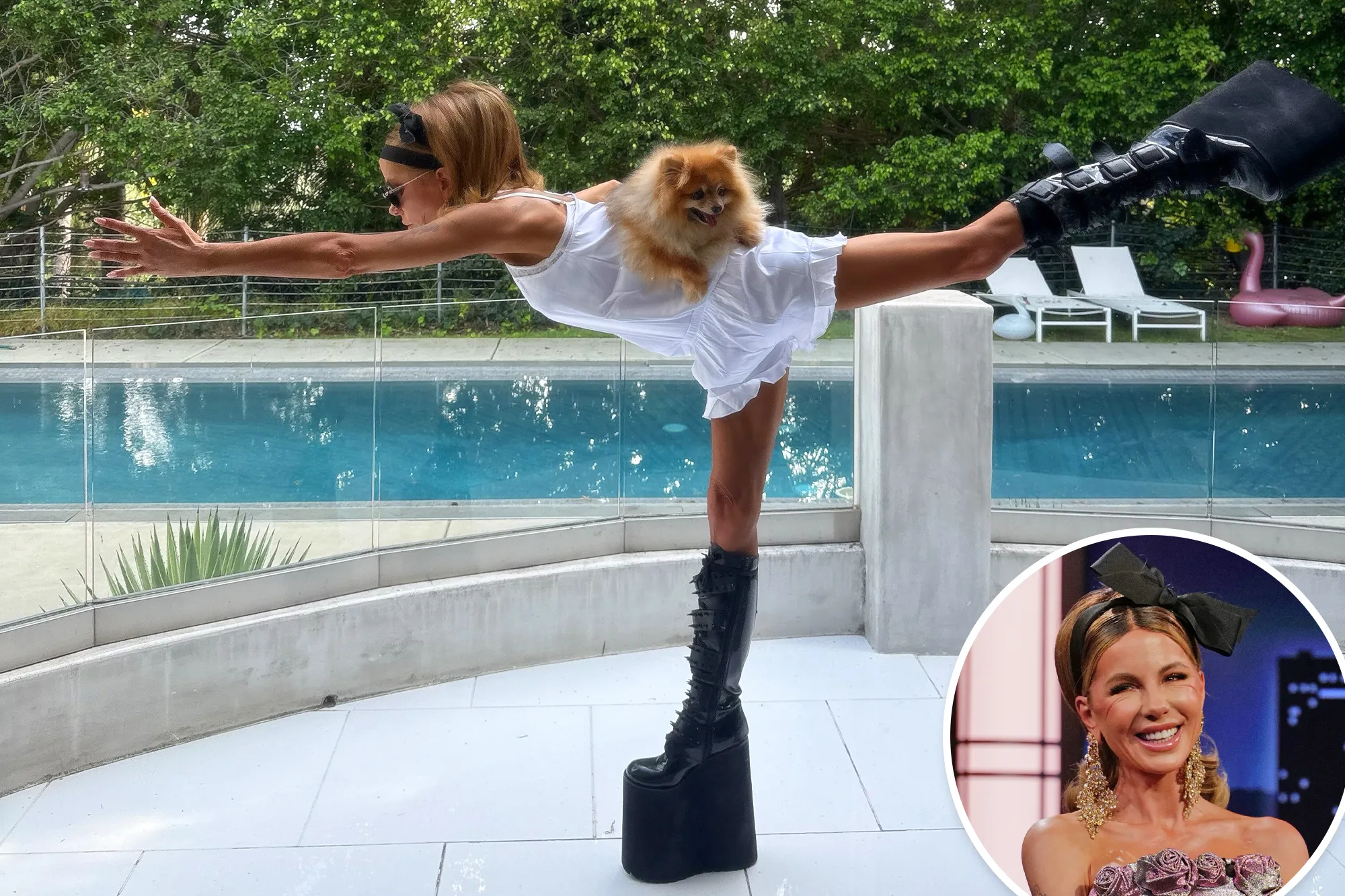 Kate Beckinsale defends ‘ridiculous’ yoga session in platform boots with dog on her back