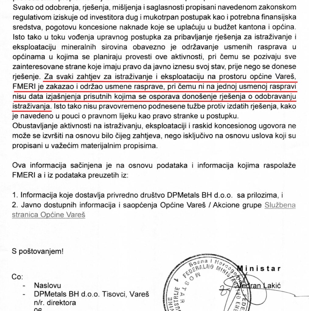 Federalno ministarstvo energetike i rudarstva tvrdi da su za istraživanja kroma na Tribiji i Duboštici provedene javne rasprave