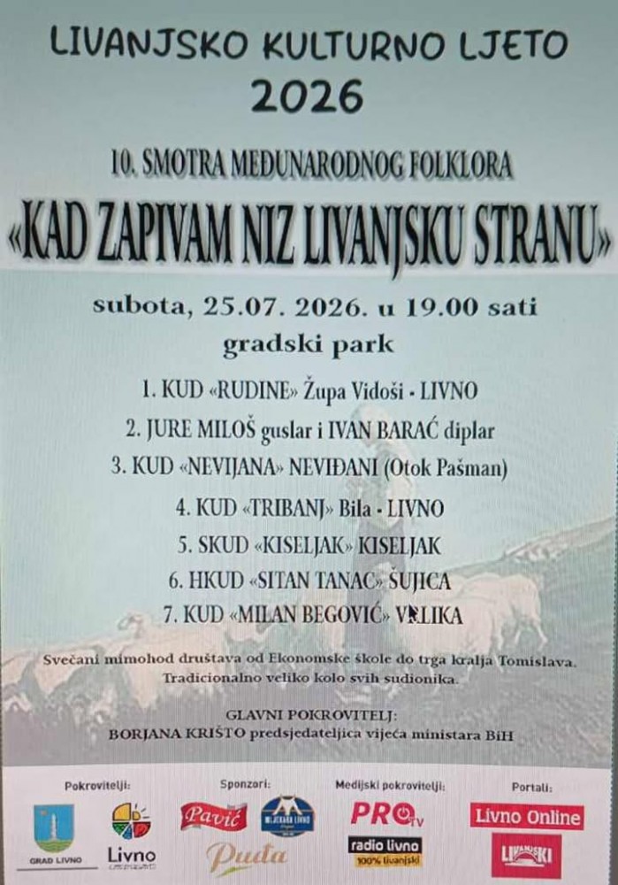 Livanjsko kulturno ljeto 2026. – 10. međunarodna smotra folklora „Kad zapivam niz livanjsku stranu”