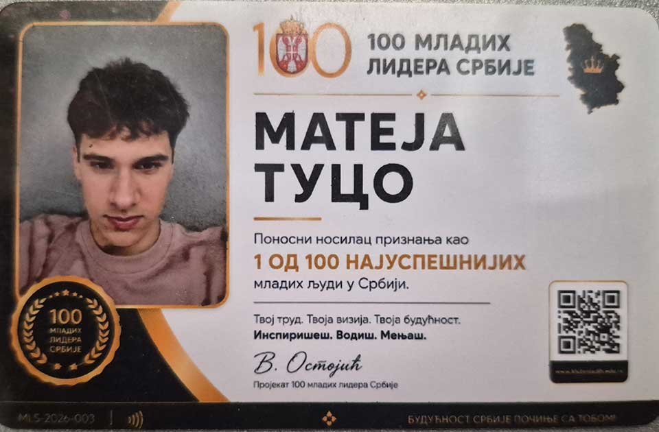 Zrenjaninac Mateja Tuco niže uspehe: Uvršten među 100 najuspešnijih mladih lidera Srbije
