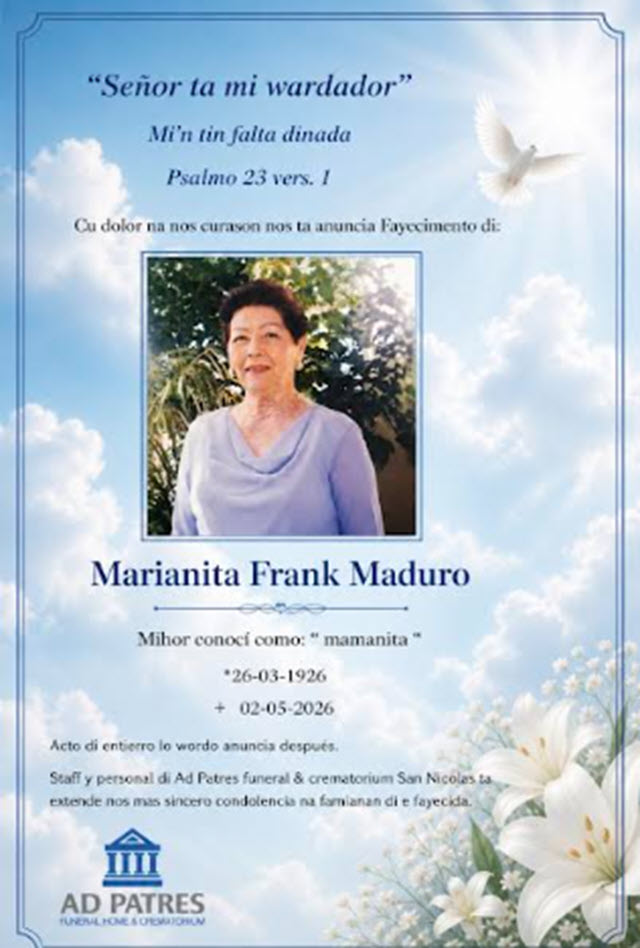 Ad Patres Funeral Home & Crematorium ta anuncia fayecimento di Marianita Frank Maduro mihor conoci como Mamanita