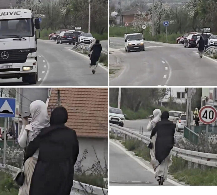 Zabrinjavajući slika iz Novog Pazara: Dvije djevojke trotinetom na magistrali, jedna vozi i koristi telefon
