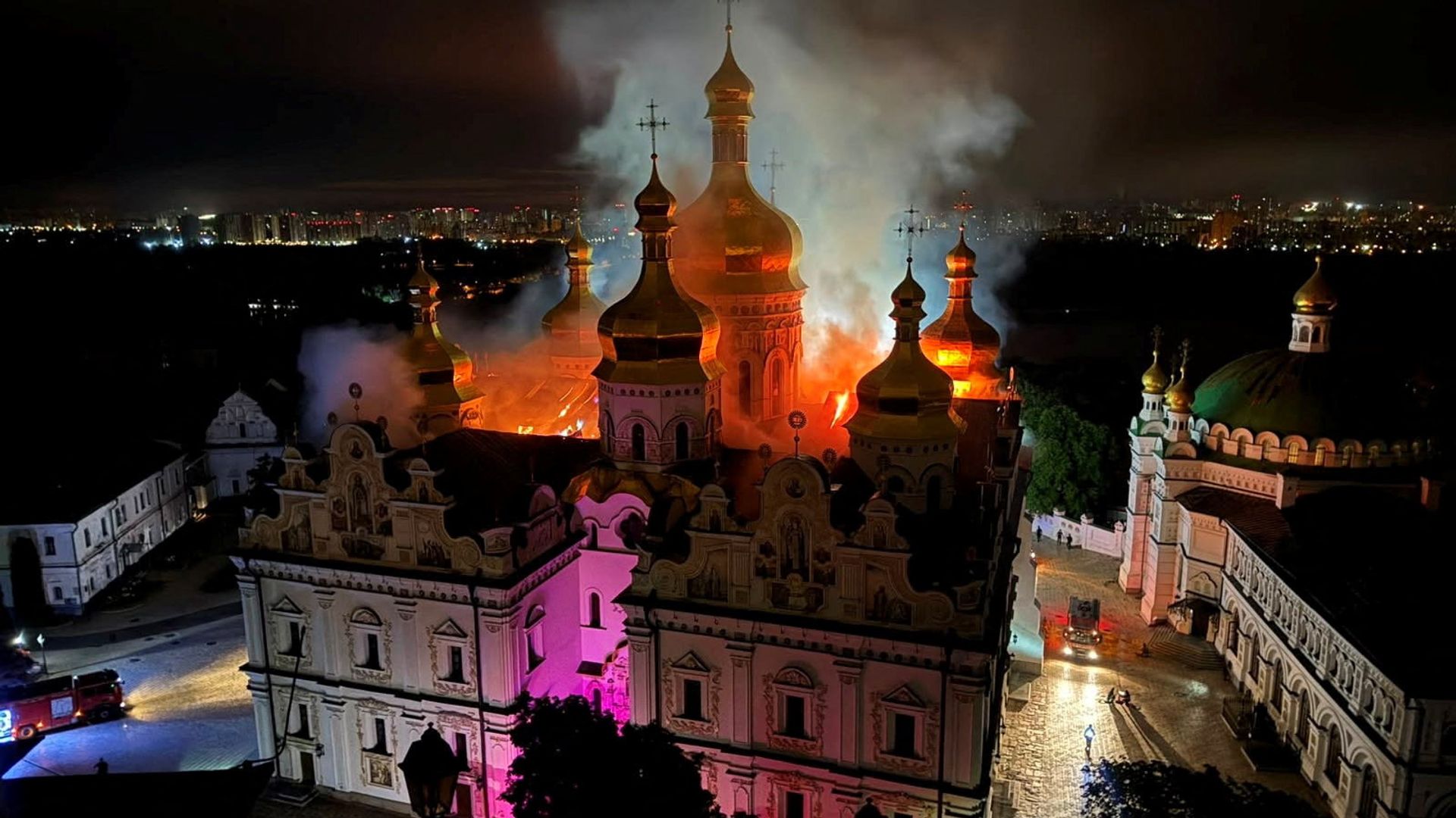 Russian strikes kill nine across Ukraine as fire breaks out at religious landmark in Kyiv