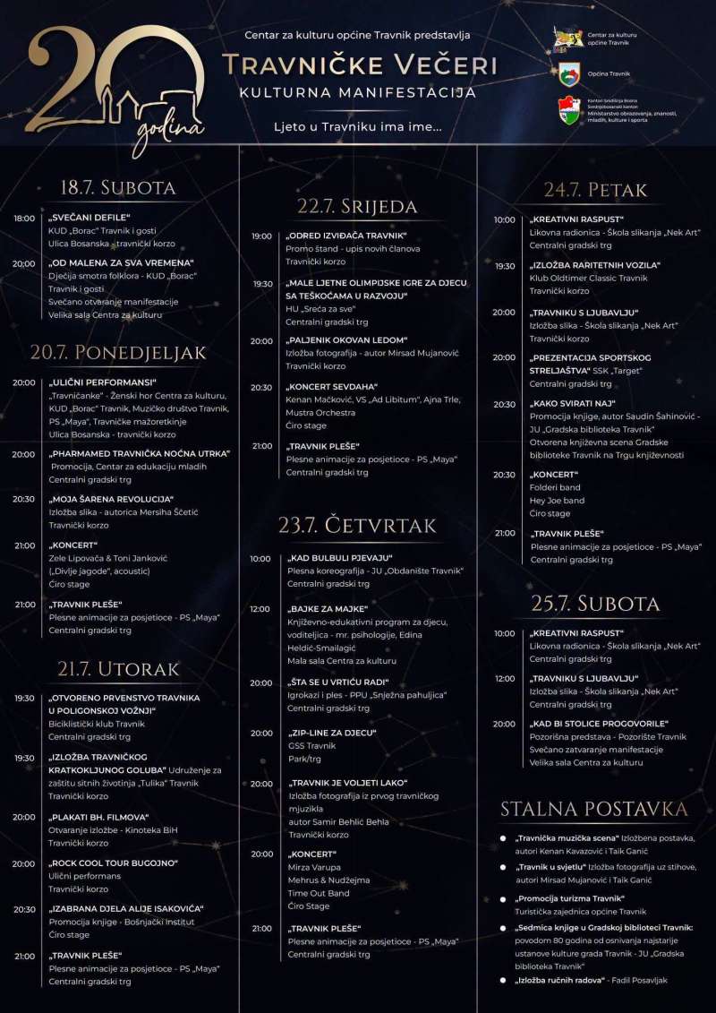 Jubilarno 20. izdanje Travničkih večeri od 18. do 25. srpnja
