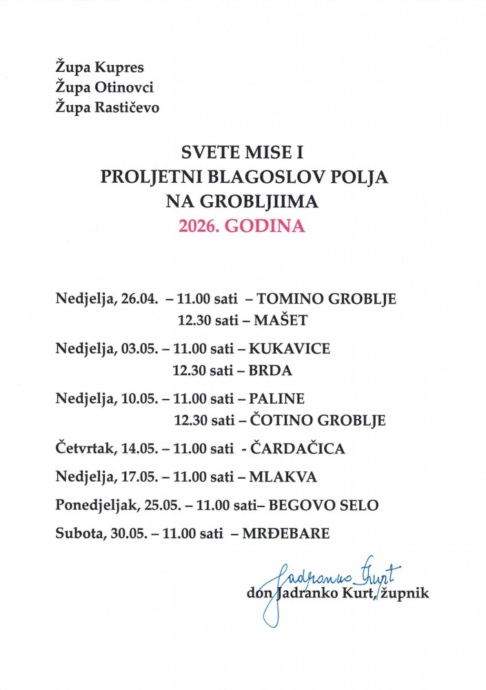 Svete mise i proljetni blagoslov u Kupreškim župama 2026. godine